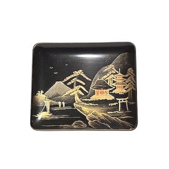 Vintage Lacquer Nesting Trinket Boxes Set Japanese Landscape Scene Black Gold - Picture 2 of 14